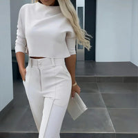 Women's Elegant Half Sleeve Short Top with Straight Leg Pants Two-Piece