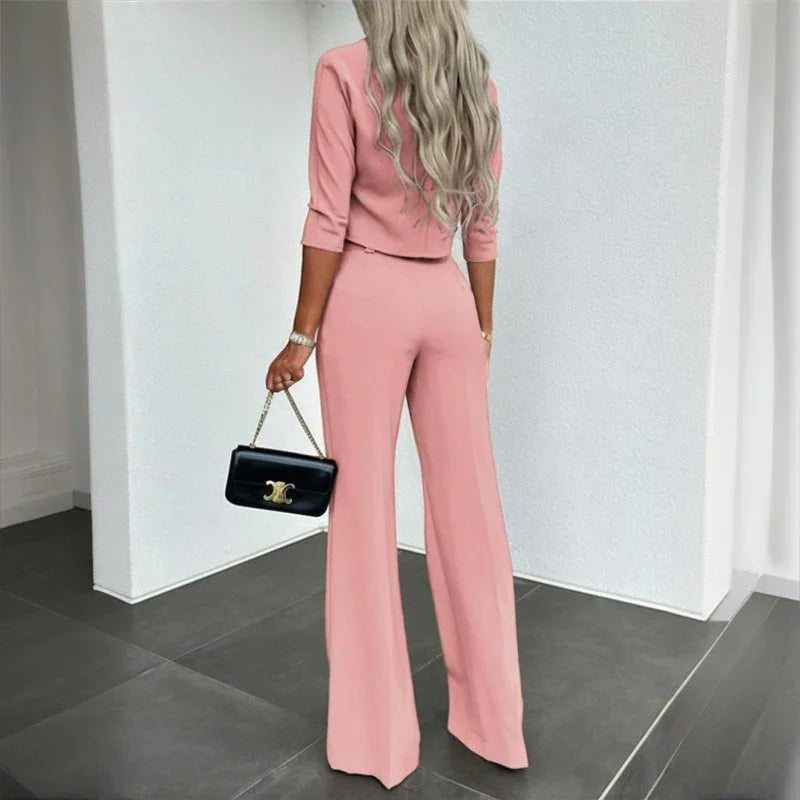 Women's Elegant Half Sleeve Short Top with Straight Leg Pants Two-Piece