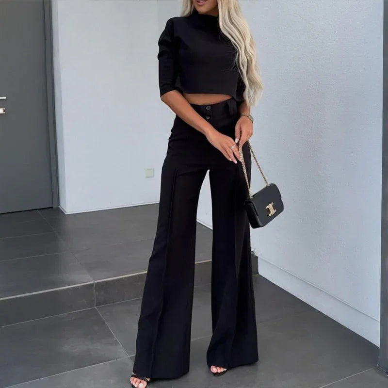 Women's Elegant Half Sleeve Short Top with Straight Leg Pants Two-Piece