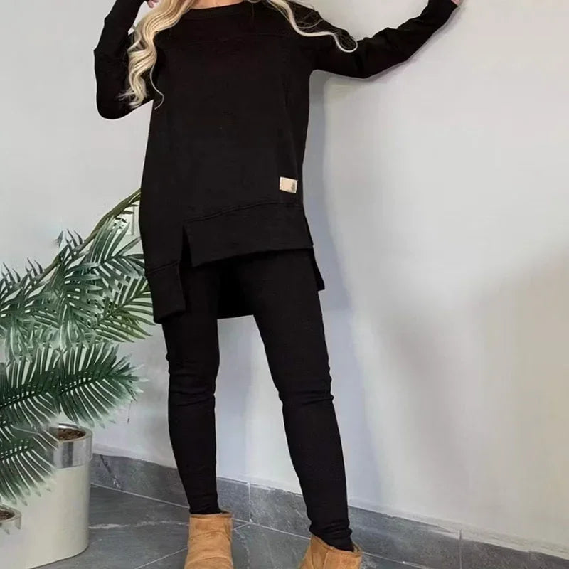 Women's 2-Piece Lounge Set Long Sleeve Side Slit Sweatshirt Outfit with Stretchy High Waist Leggings