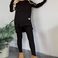 Women's 2-Piece Lounge Set Long Sleeve Side Slit Sweatshirt Outfit with Stretchy High Waist Leggings
