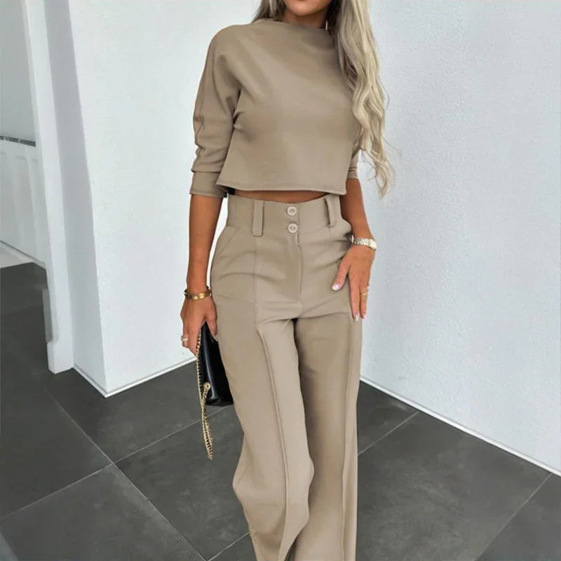 Women's Elegant Half Sleeve Short Top with Straight Leg Pants Two-Piece