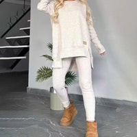 Women's 2-Piece Lounge Set Long Sleeve Side Slit Sweatshirt Outfit with Stretchy High Waist Leggings