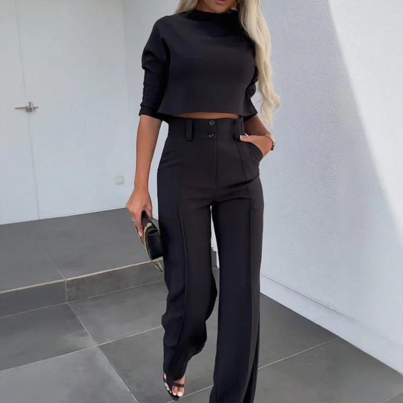 Women's Elegant Half Sleeve Short Top with Straight Leg Pants Two-Piece
