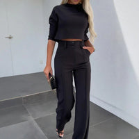 Women's Elegant Half Sleeve Short Top with Straight Leg Pants Two-Piece