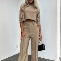 Women's Elegant Half Sleeve Short Top with Straight Leg Pants Two-Piece