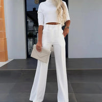 Women's Elegant Half Sleeve Short Top with Straight Leg Pants Two-Piece