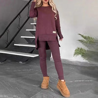 Women's 2-Piece Lounge Set Long Sleeve Side Slit Sweatshirt Outfit with Stretchy High Waist Leggings