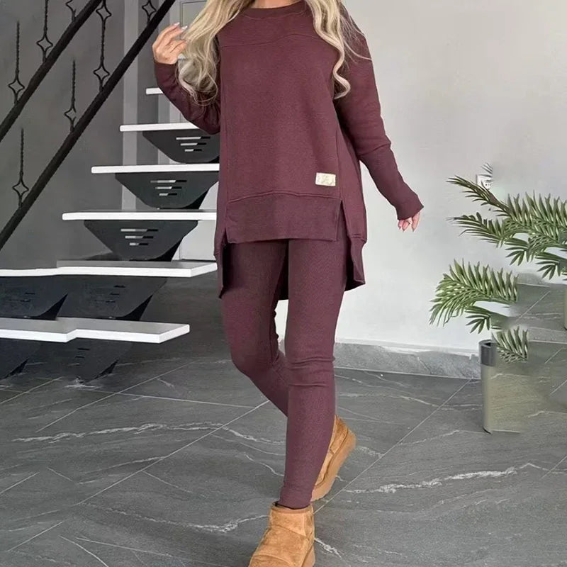Women's 2-Piece Lounge Set Long Sleeve Side Slit Sweatshirt Outfit with Stretchy High Waist Leggings