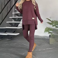 Women's 2-Piece Lounge Set Long Sleeve Side Slit Sweatshirt Outfit with Stretchy High Waist Leggings