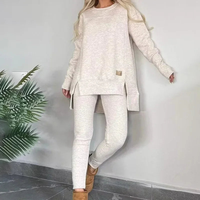 Women's 2-Piece Lounge Set Long Sleeve Side Slit Sweatshirt Outfit with Stretchy High Waist Leggings