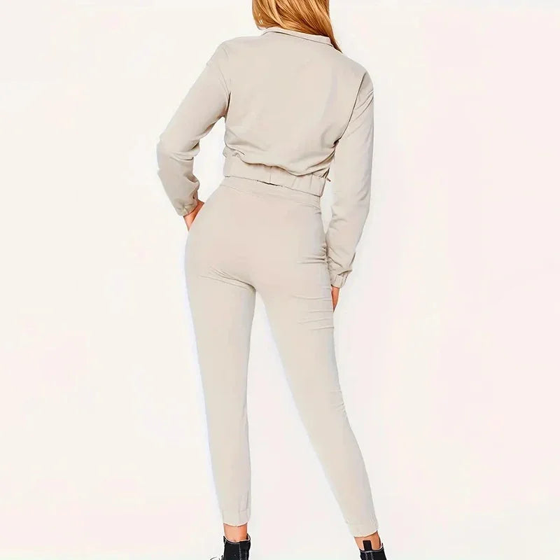 Women's Two-Piece Set Cropped Long Sleeve Top with Drawstring Pants