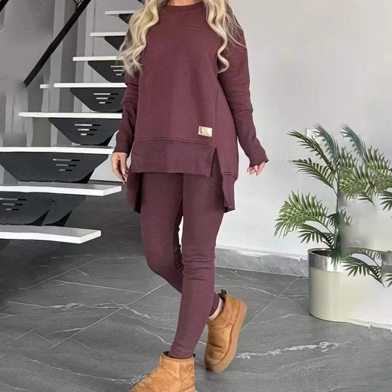 Women's 2-Piece Lounge Set Long Sleeve Side Slit Sweatshirt Outfit with Stretchy High Waist Leggings