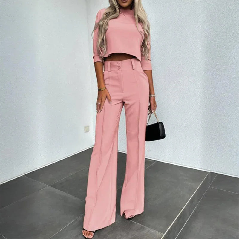 Women's Elegant Half Sleeve Short Top with Straight Leg Pants Two-Piece