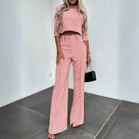 Women's Elegant Half Sleeve Short Top with Straight Leg Pants Two-Piece