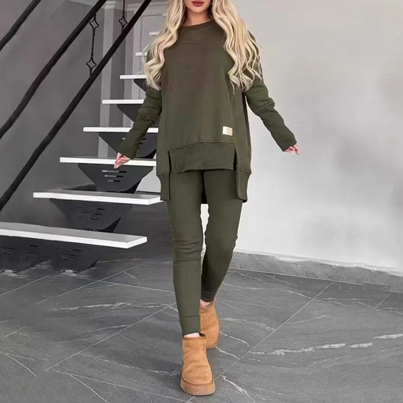 Women's 2-Piece Lounge Set Long Sleeve Side Slit Sweatshirt Outfit with Stretchy High Waist Leggings