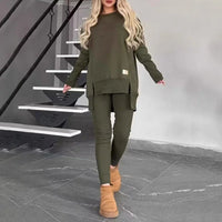 Women's 2-Piece Lounge Set Long Sleeve Side Slit Sweatshirt Outfit with Stretchy High Waist Leggings