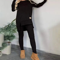 Women's 2-Piece Lounge Set Long Sleeve Side Slit Sweatshirt Outfit with Stretchy High Waist Leggings