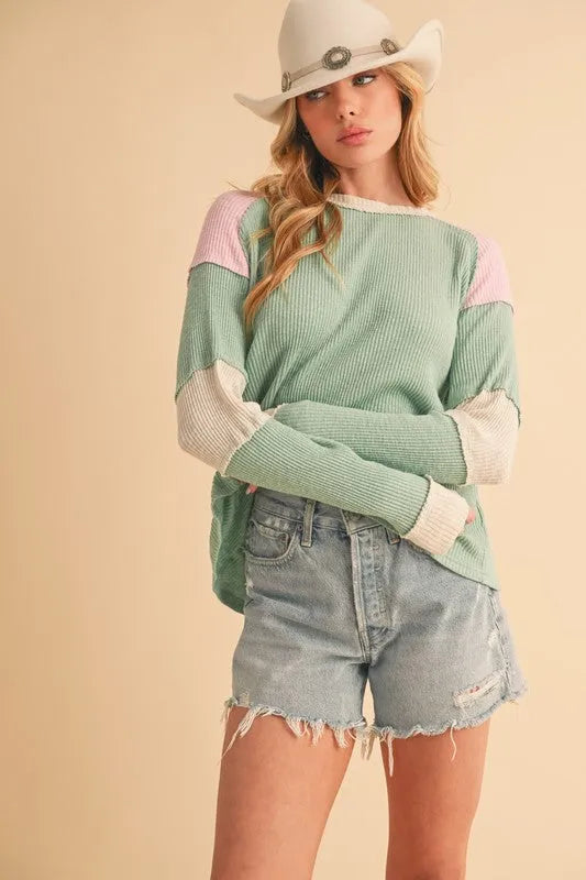 Aemi + Co Raw Seam Color Block Round Neck Knit Top - Jessiz Boutique