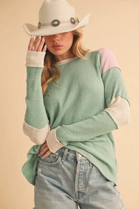 Aemi + Co Raw Seam Color Block Round Neck Knit Top - Jessiz Boutique