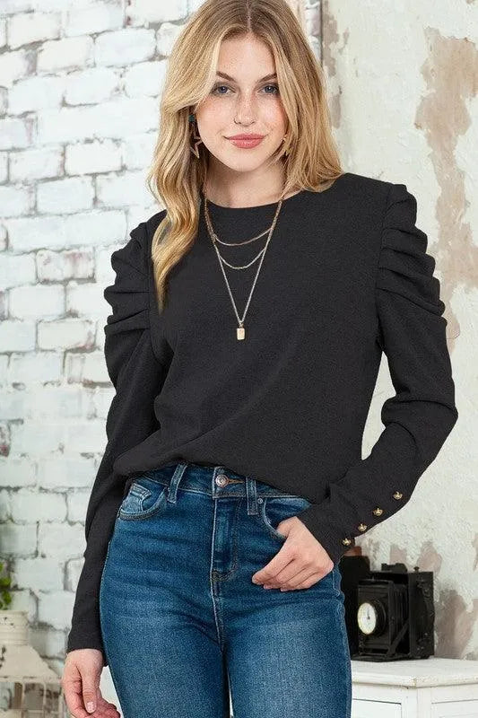Basic Buttoned Puff Long Sleeve Blouse top - Jessiz Boutique