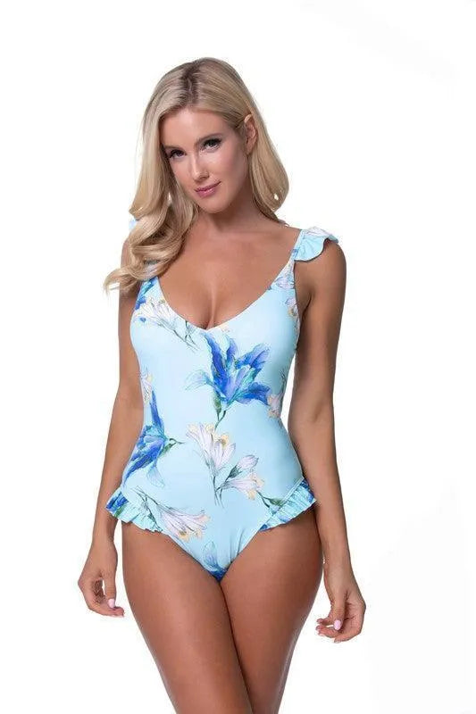 Blue Floral Ruffle Trim One Piece Swimsuit - Jessiz Boutique