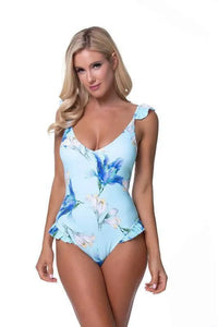 Blue Floral Ruffle Trim One Piece Swimsuit - Jessiz Boutique