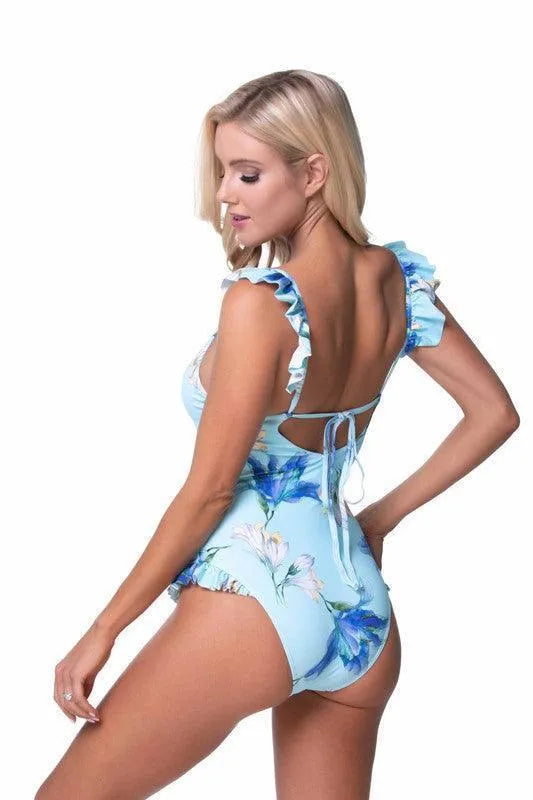 Blue Floral Ruffle Trim One Piece Swimsuit - Jessiz Boutique