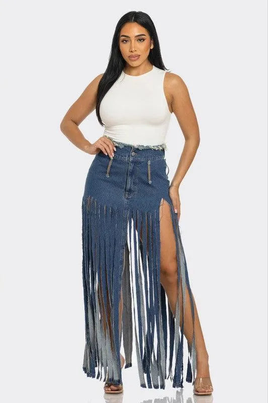 Bohemian Rhapsody Fringe Denim Skirt - Jessiz Boutique