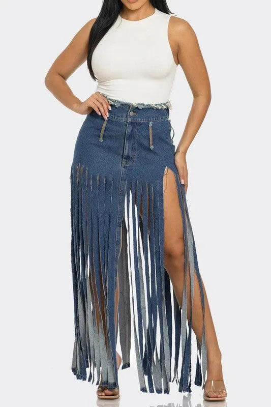 Bohemian Rhapsody Fringe Denim Skirt - Jessiz Boutique