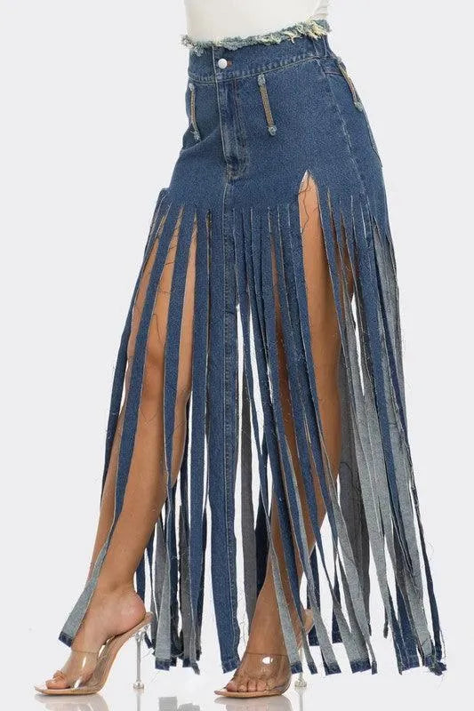 Bohemian Rhapsody Fringe Denim Skirt - Jessiz Boutique