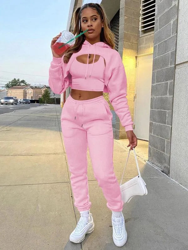 Cropped Vest Hoodie Drawstring Sweatpants Three-Piece Suit - Jessiz Boutique