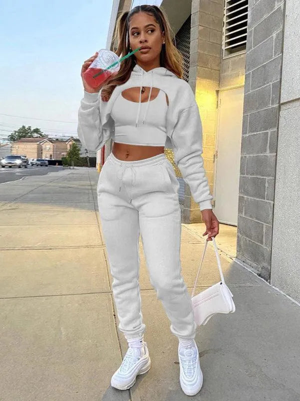 Cropped Vest Hoodie Drawstring Sweatpants Three-Piece Suit - Jessiz Boutique