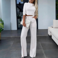 Women's Elegant Half Sleeve Short Top with Straight Leg Pants Two-Piece