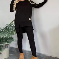 Women's 2-Piece Lounge Set Long Sleeve Side Slit Sweatshirt Outfit with Stretchy High Waist Leggings