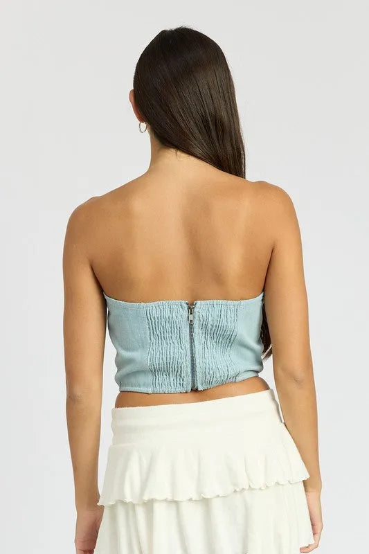Denim Rosette Corset Tube Top - Jessiz Boutique