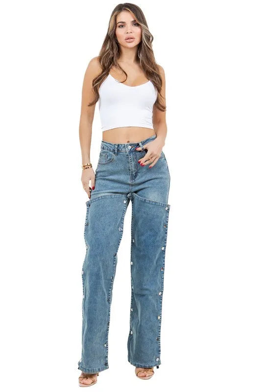 【SATIIIZ】Pad snap button denim pants Denim Snap Button Pad Style Pants – Jessiz Boutique