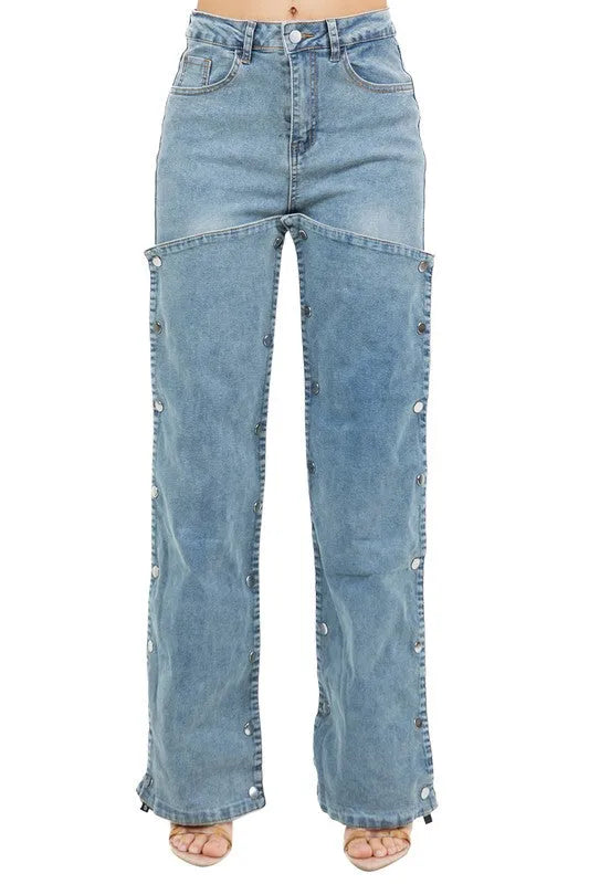 Denim Snap Button Pad Style Pants - Jessiz Boutique