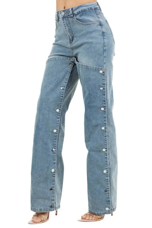 Denim Snap Button Pad Style Pants - Jessiz Boutique
