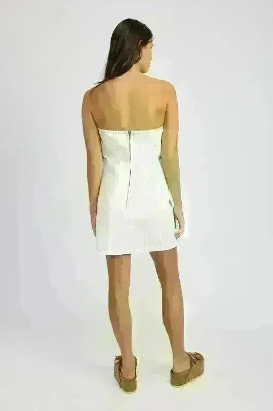 Denim Tube Dress with Rosette Detail - Jessiz Boutique