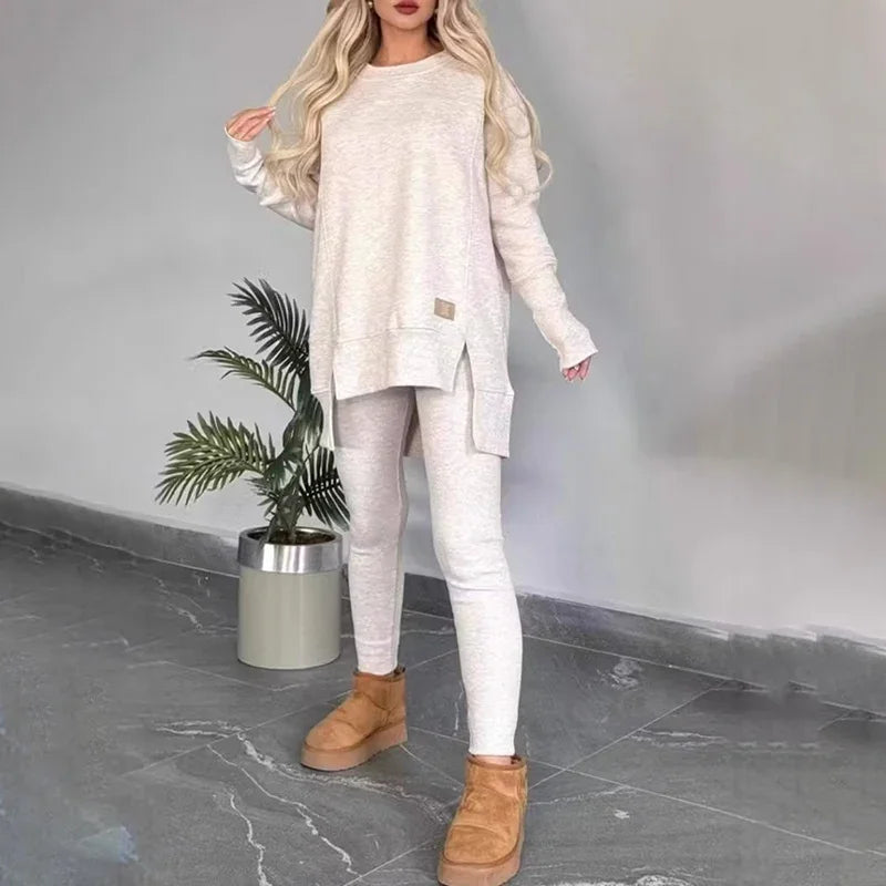 Women's 2-Piece Lounge Set Long Sleeve Side Slit Sweatshirt Outfit with Stretchy High Waist Leggings