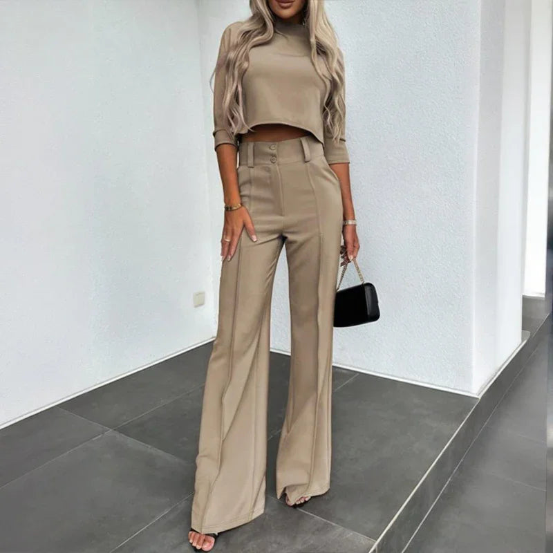 Women's Elegant Half Sleeve Short Top with Straight Leg Pants Two-Piece
