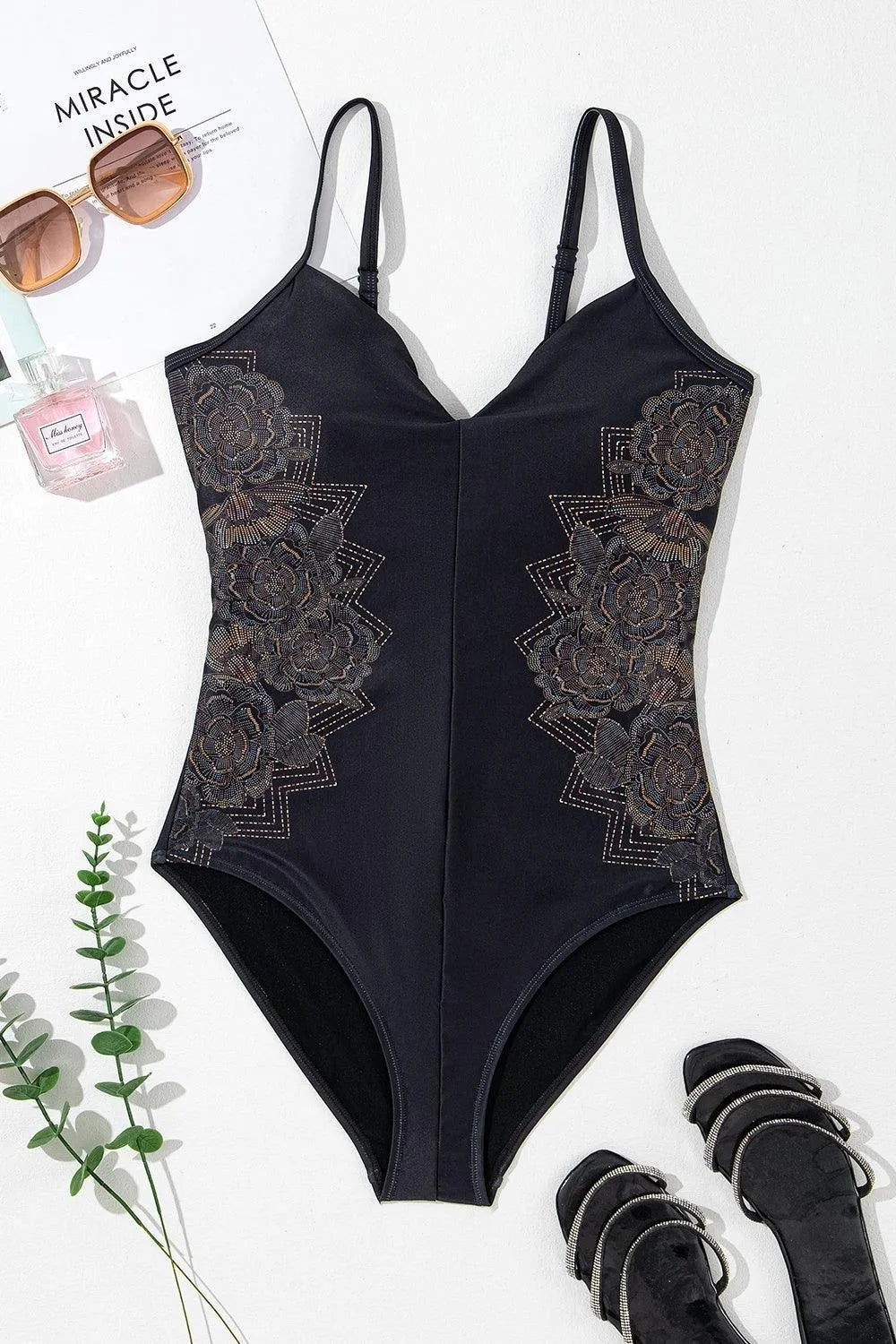 Embroidered V-Neck One-Piece Swimwear - Jessiz Boutique