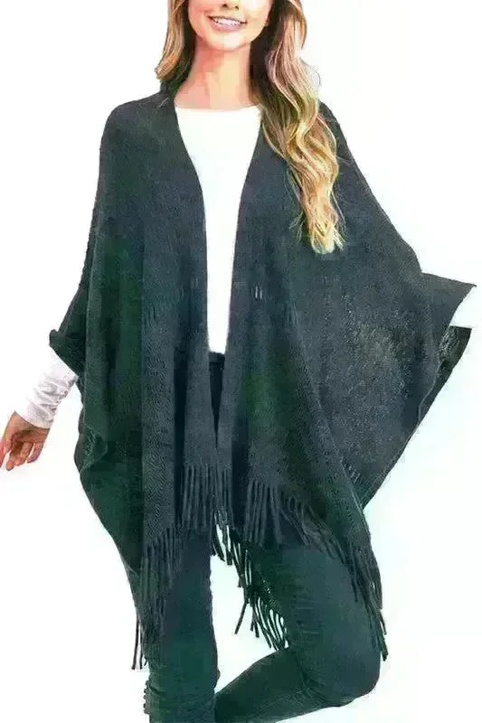 Fringe Knitted Ruana Wrap Poncho - Jessiz Boutique