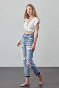 High Rise Double Waistband Released Hem Jeans - Jessiz Boutique