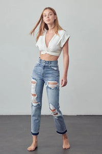 High Rise Double Waistband Released Hem Jeans - Jessiz Boutique
