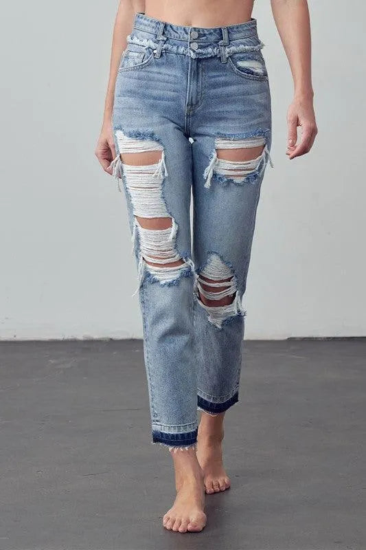High Rise Double Waistband Released Hem Jeans - Jessiz Boutique