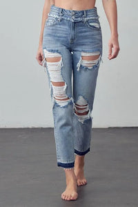 High Rise Double Waistband Released Hem Jeans - Jessiz Boutique