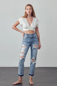 High Rise Double Waistband Released Hem Jeans - Jessiz Boutique