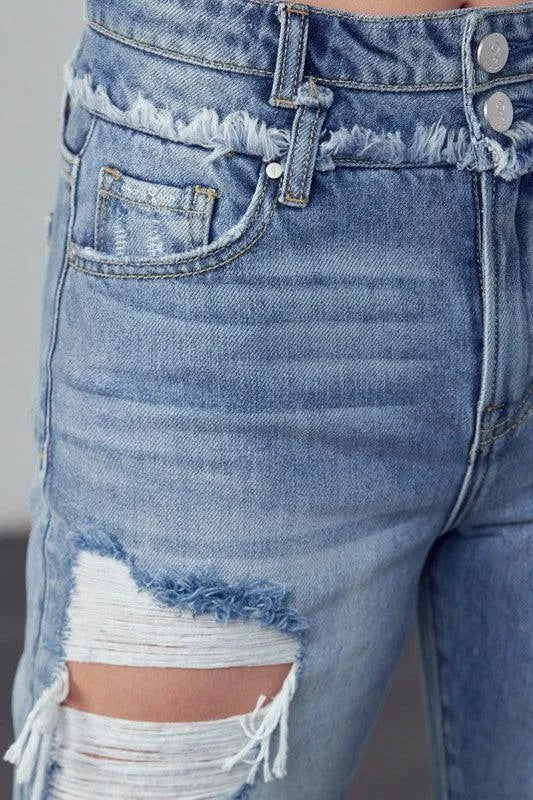 High Rise Double Waistband Released Hem Jeans - Jessiz Boutique